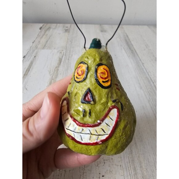 Vintage dept 56 green pumpkin gourd ornament Halloween glitter shabby chic uniqu - Picture 2 of 7
